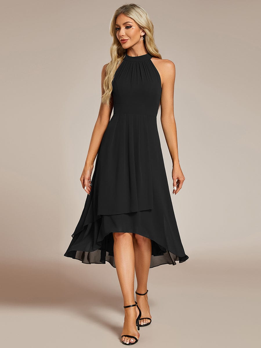 Midi A Line Sleeveless Halter Neck Wedding Guest Dress in Chiffon #color_Black