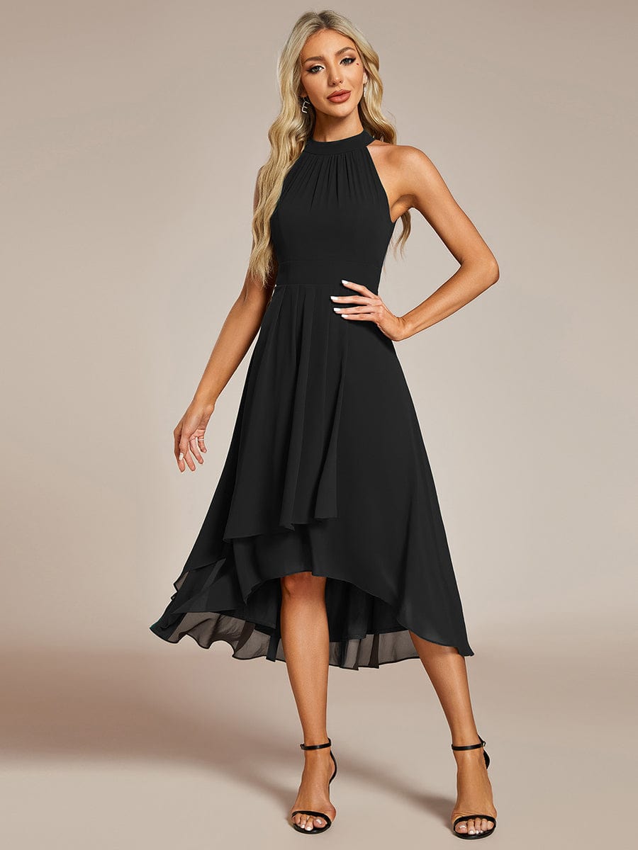 Midi A Line Sleeveless Halter Neck Wedding Guest Dress in Chiffon #color_Black