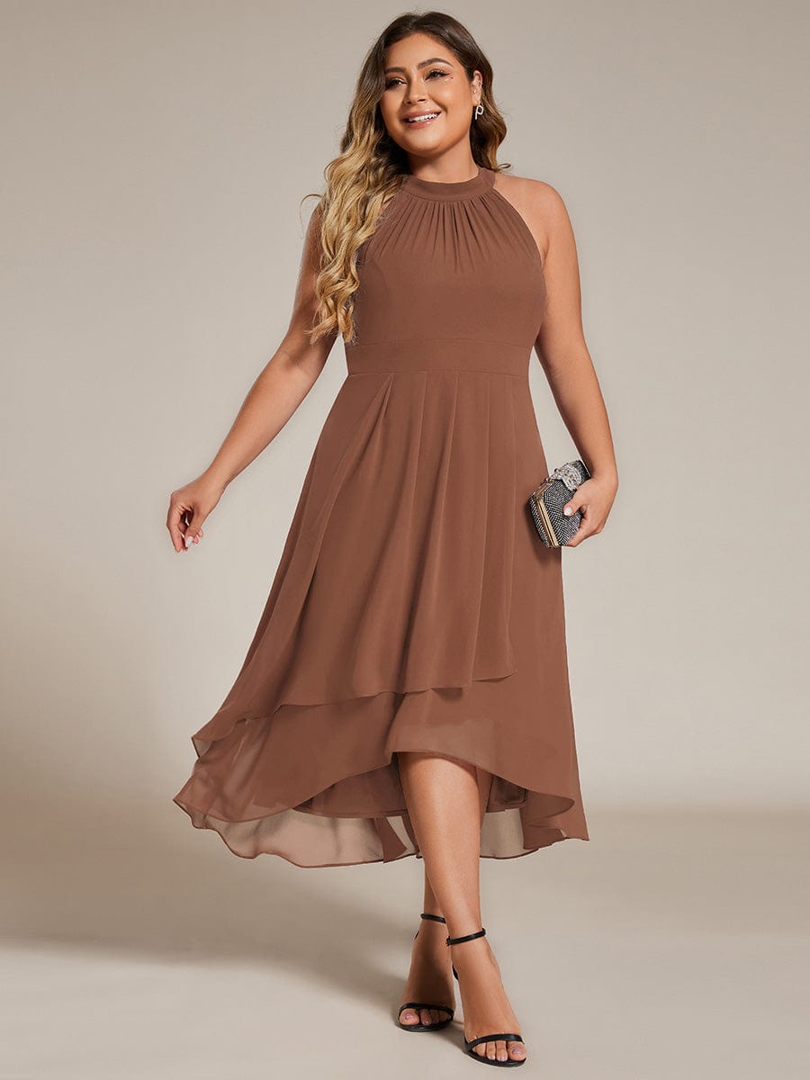 Midi A Line Sleeveless Halter Neck Wedding Guest Dress in Chiffon #color_Brown