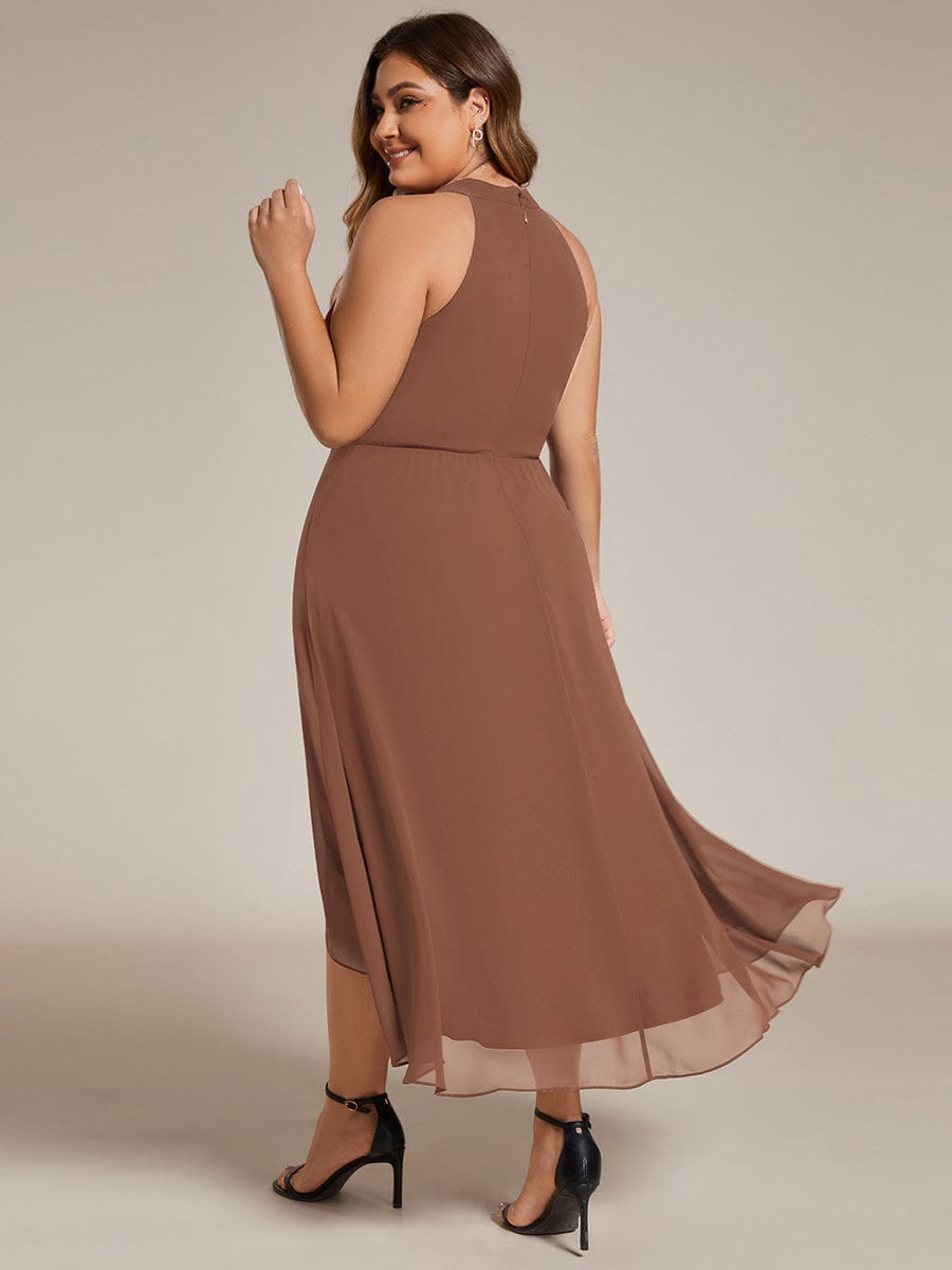 Midi A Line Sleeveless Halter Neck Wedding Guest Dress in Chiffon #color_Brown