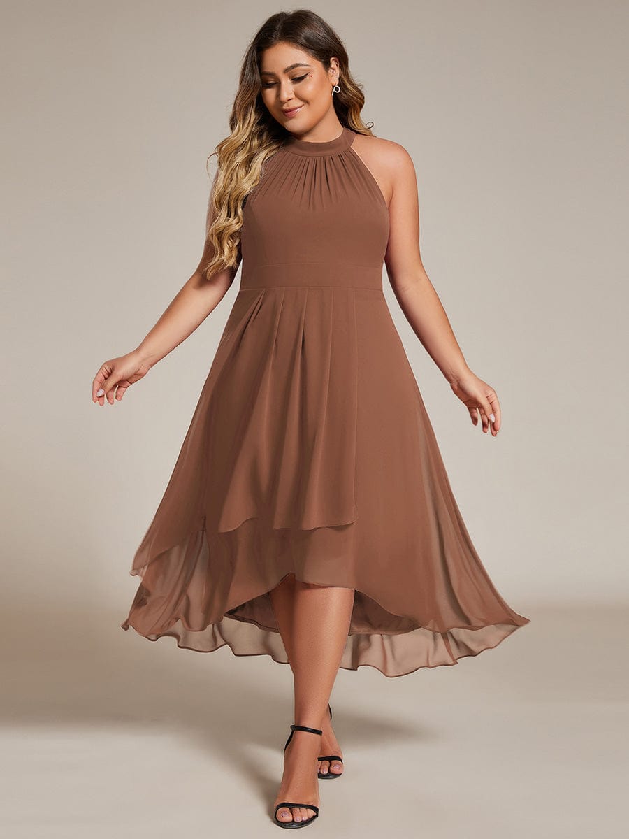 Midi A Line Sleeveless Halter Neck Wedding Guest Dress in Chiffon #color_Brown