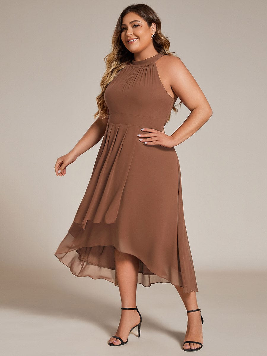 Midi A Line Sleeveless Halter Neck Wedding Guest Dress in Chiffon #color_Brown