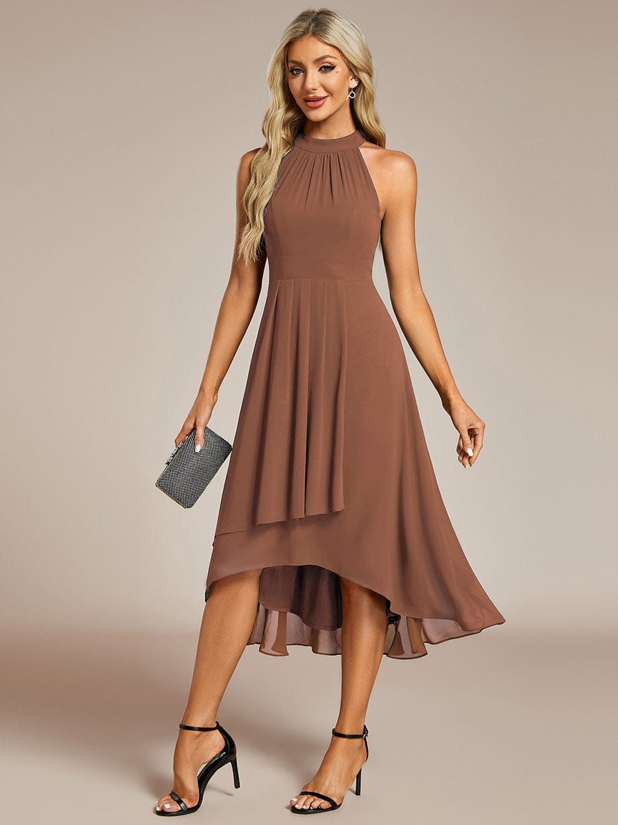 Midi A Line Sleeveless Halter Neck Wedding Guest Dress in Chiffon #color_Brown