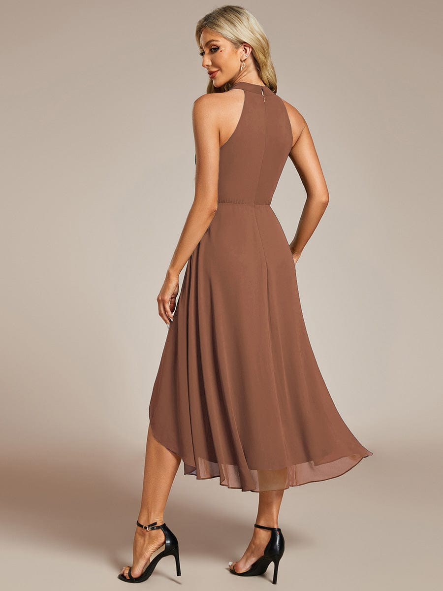 Midi A Line Sleeveless Halter Neck Wedding Guest Dress in Chiffon #color_Brown