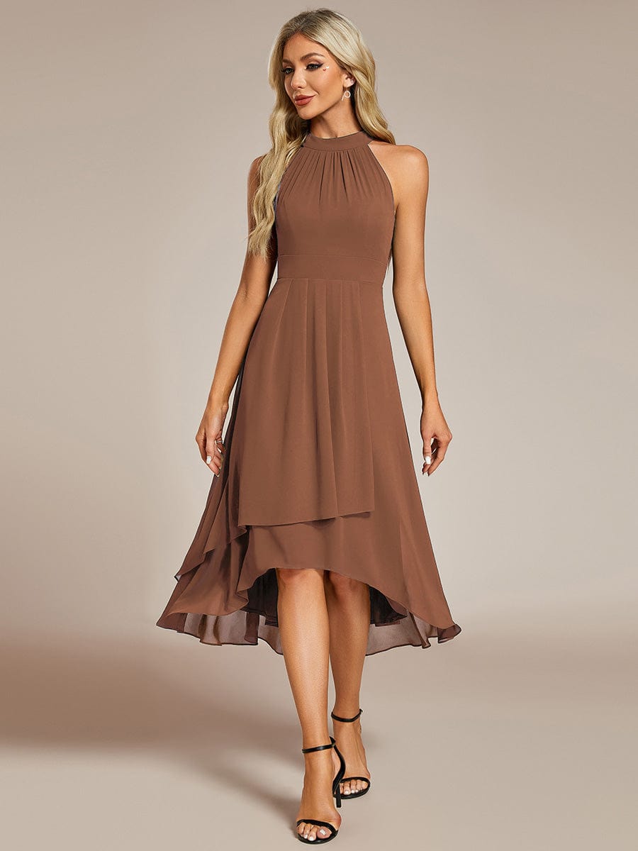 Midi A Line Sleeveless Halter Neck Wedding Guest Dress in Chiffon #color_Brown