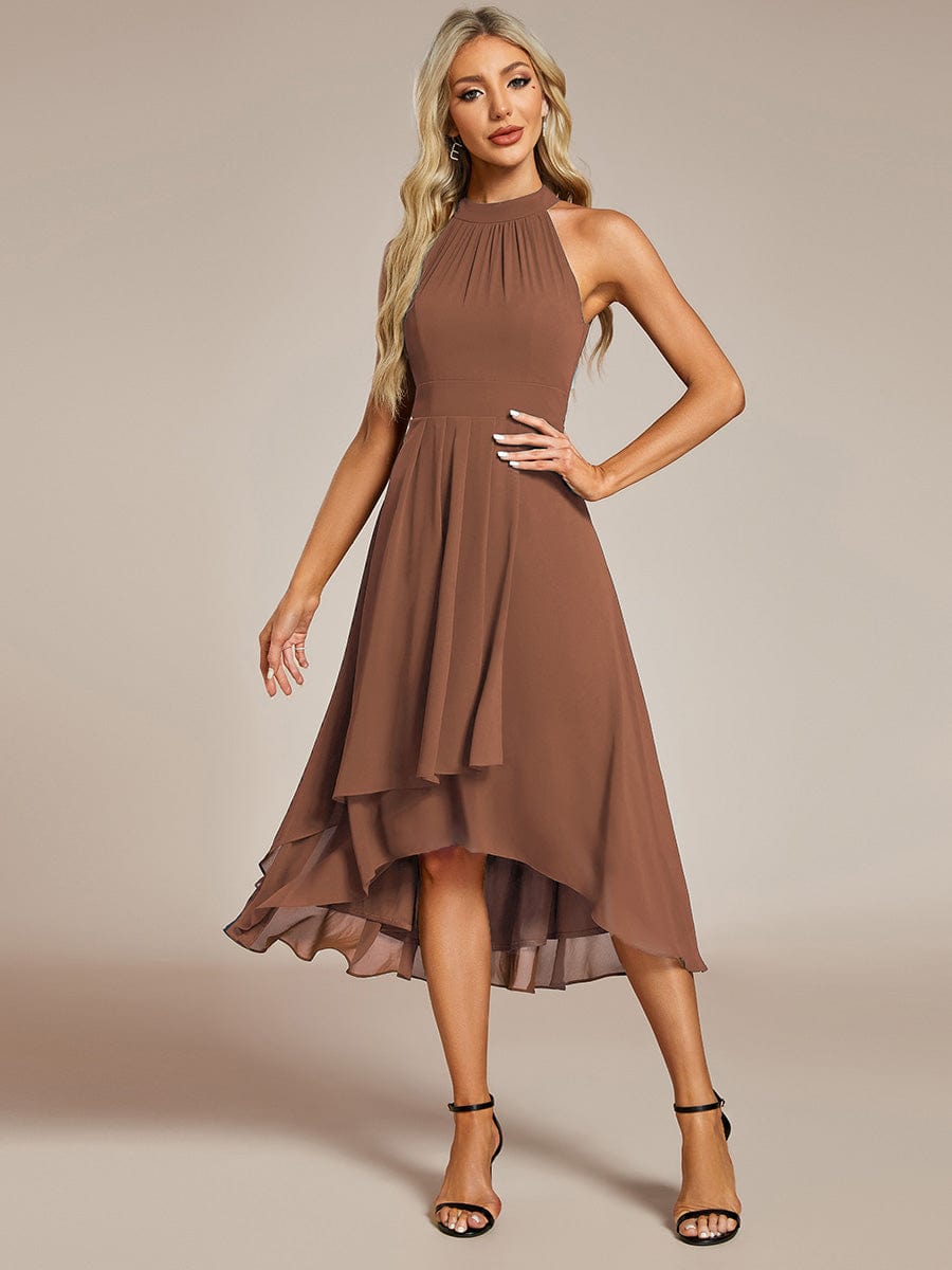 Midi A Line Sleeveless Halter Neck Wedding Guest Dress in Chiffon #color_Brown