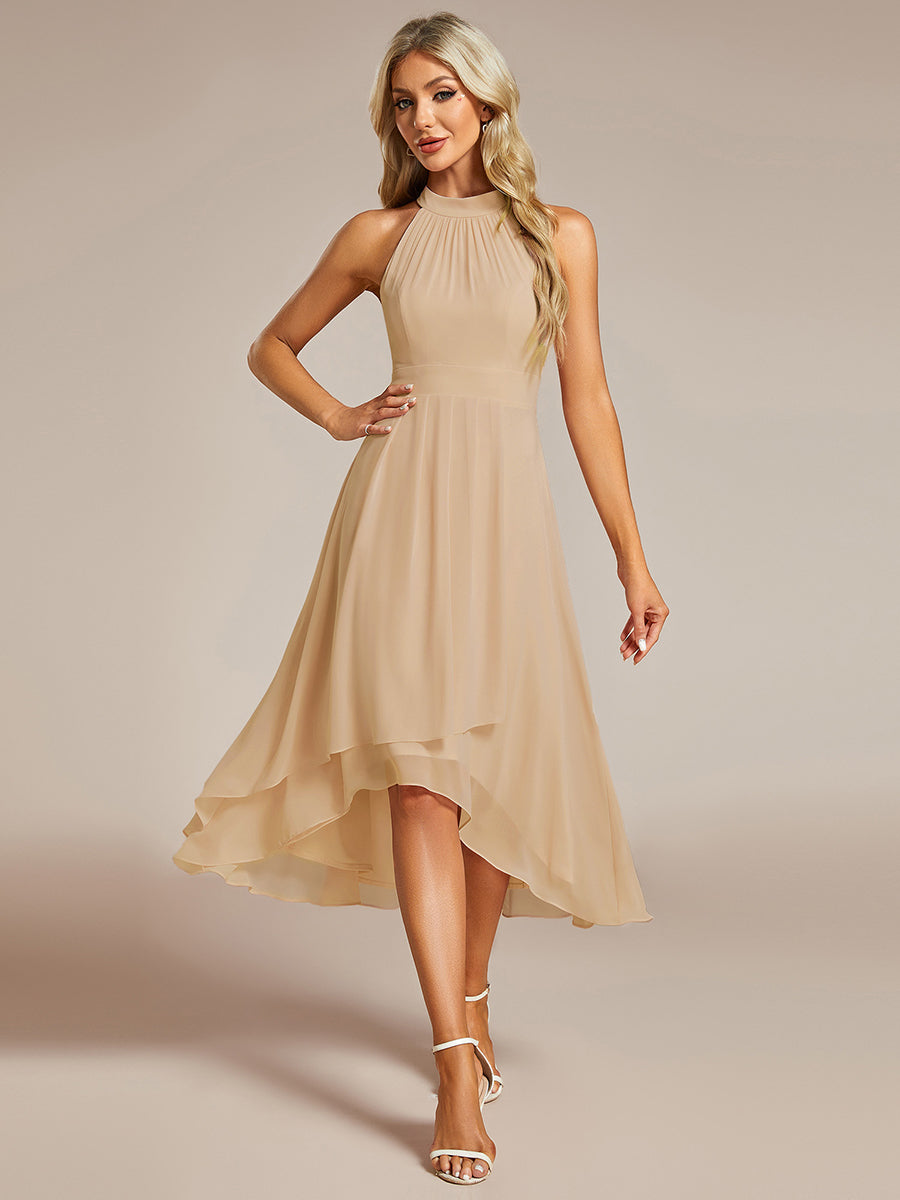 Midi A Line Sleeveless Halter Neck Wedding Guest Dress in Chiffon #color_Champagne