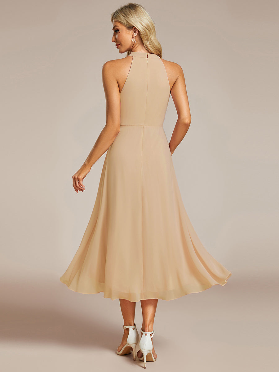 Midi A Line Sleeveless Halter Neck Wedding Guest Dress in Chiffon #color_Champagne