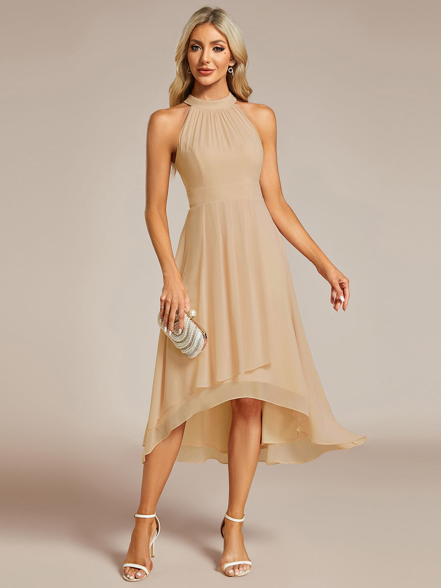 Midi A Line Sleeveless Halter Neck Wedding Guest Dress in Chiffon #color_Champagne