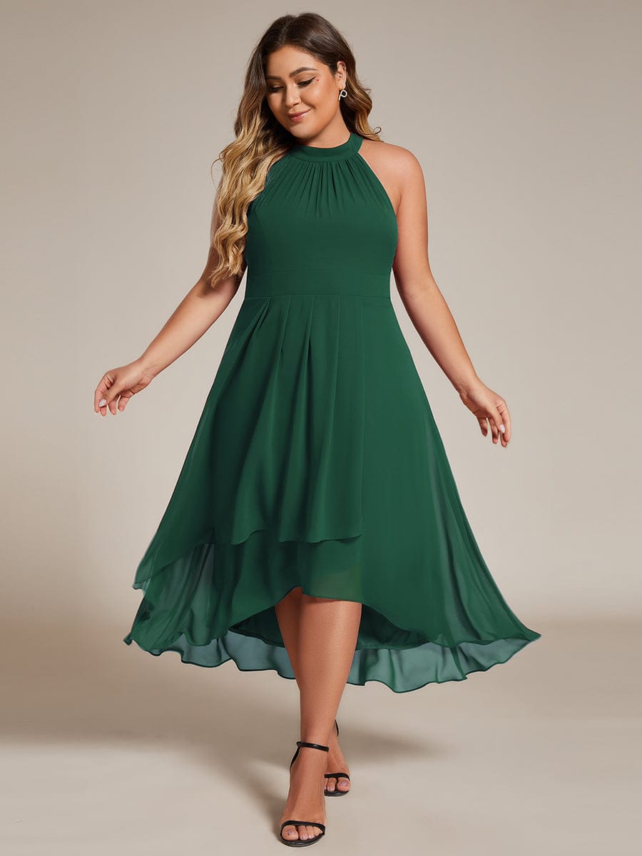 Midi A Line Sleeveless Halter Neck Wedding Guest Dress in Chiffon #color_Dark Green