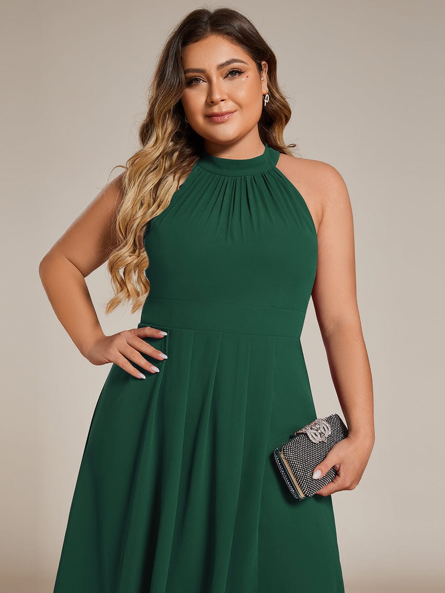 Midi A Line Sleeveless Halter Neck Wedding Guest Dress in Chiffon #color_Dark Green