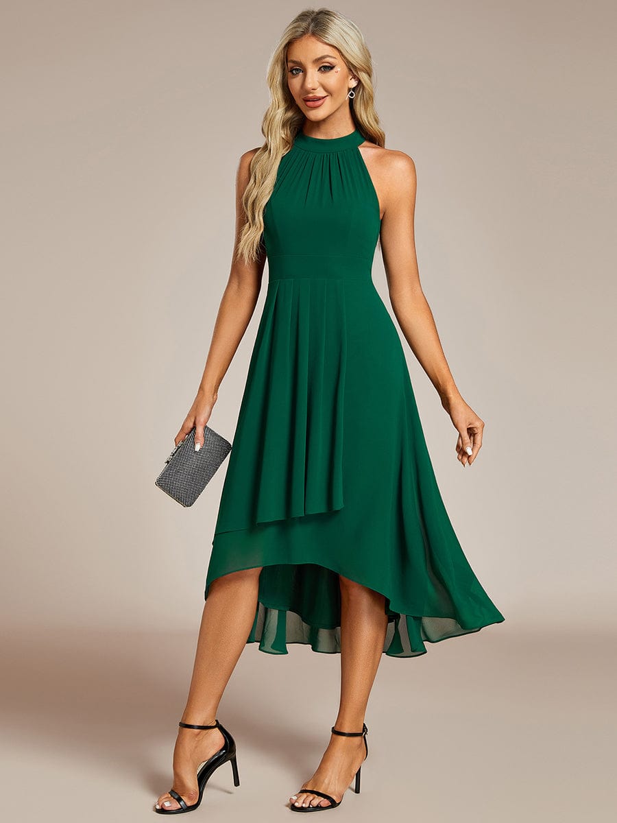 Midi A Line Sleeveless Halter Neck Wedding Guest Dress in Chiffon #color_Dark Green