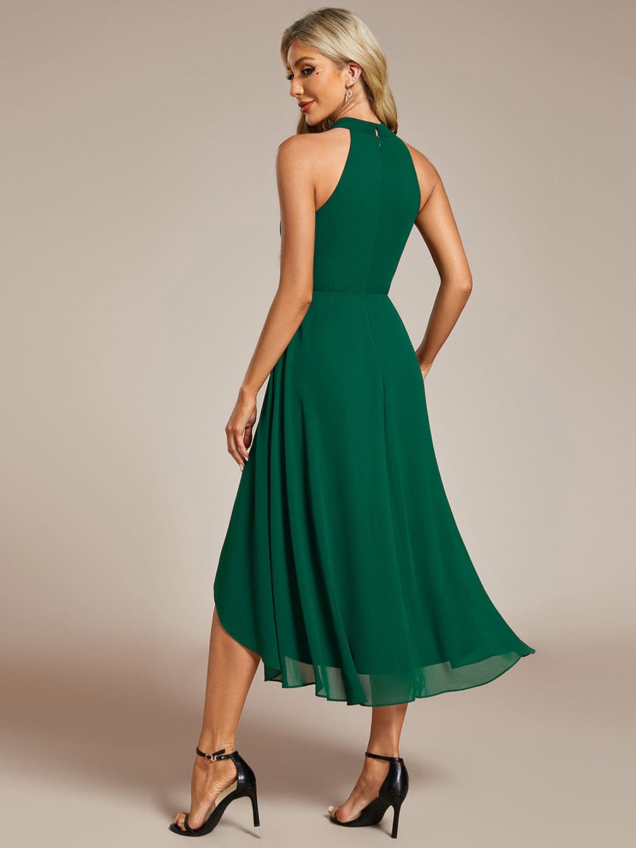 Midi A Line Sleeveless Halter Neck Wedding Guest Dress in Chiffon #color_Dark Green