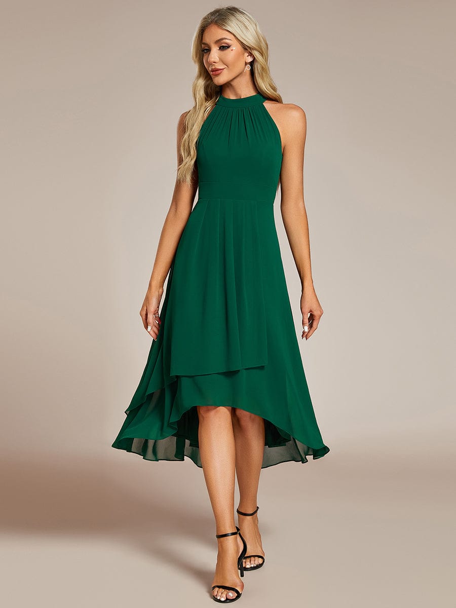 Midi A Line Sleeveless Halter Neck Wedding Guest Dress in Chiffon #color_Dark Green