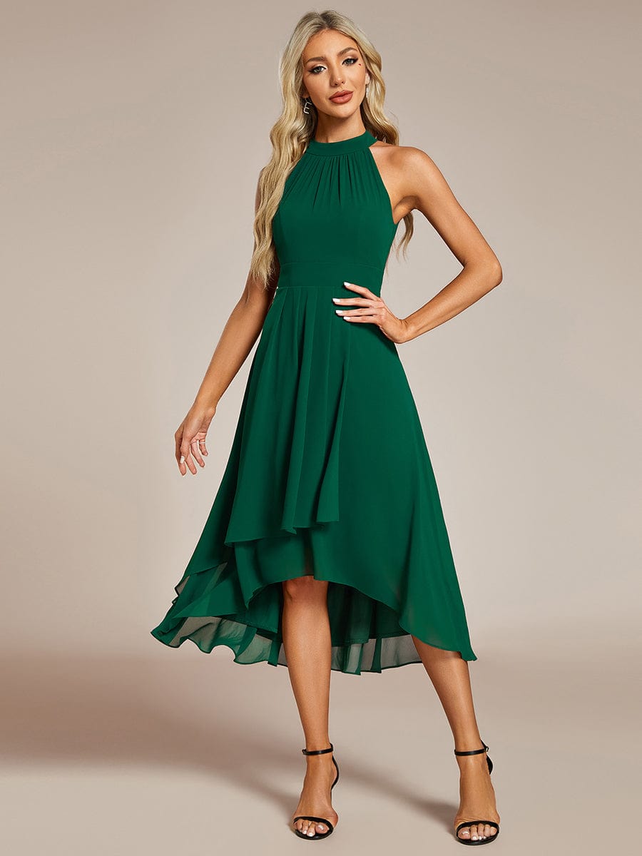 Midi A Line Sleeveless Halter Neck Wedding Guest Dress in Chiffon #color_Dark Green