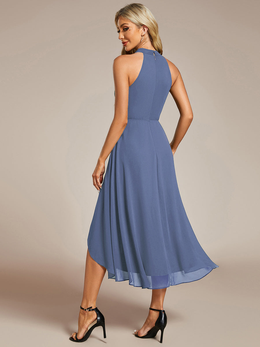 Midi A Line Sleeveless Halter Neck Wedding Guest Dress in Chiffon #color_Dusty Blue