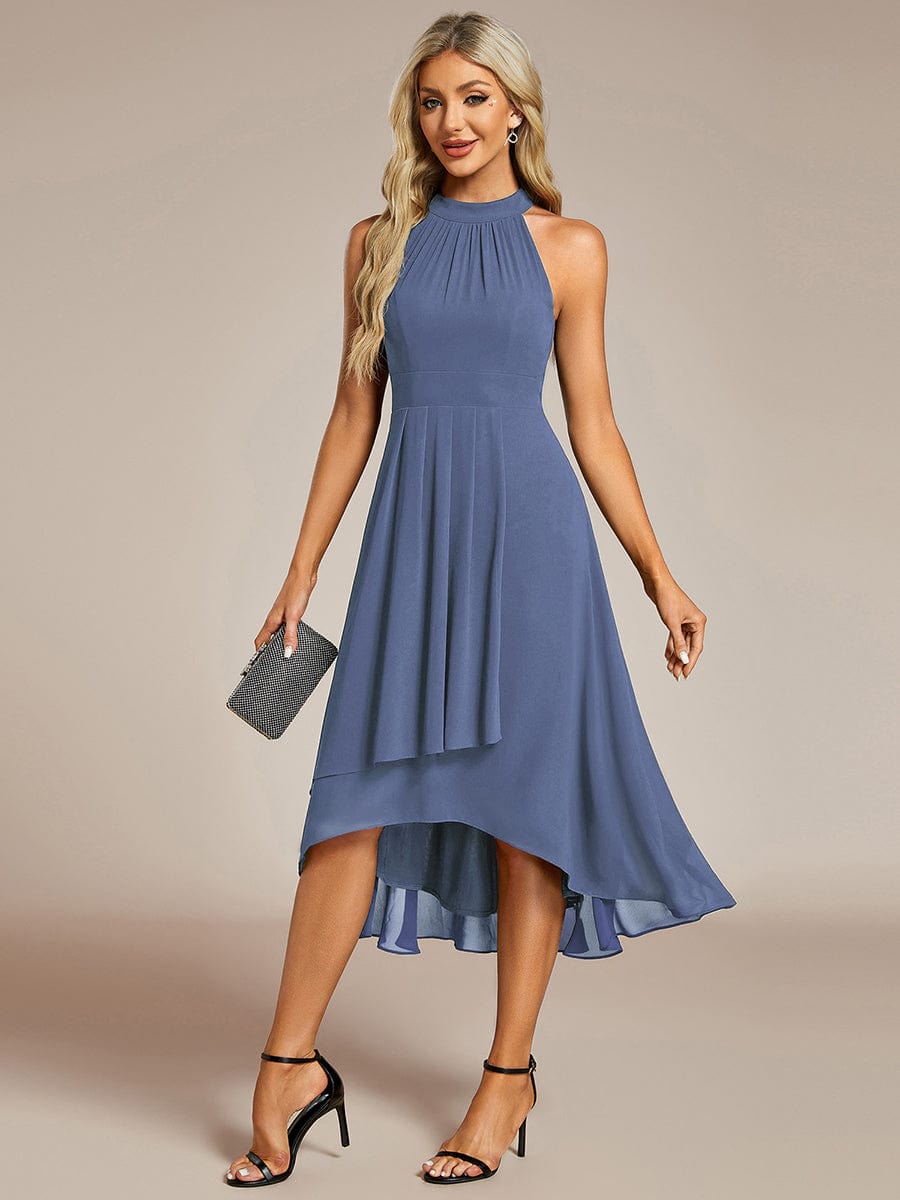 Midi A Line Sleeveless Halter Neck Wedding Guest Dress in Chiffon #color_Dusty Blue