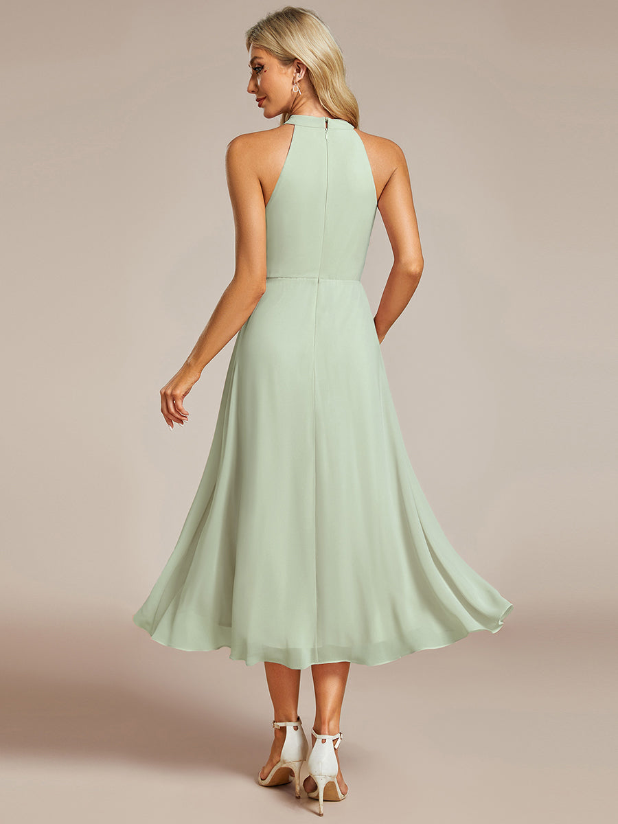 Custom Size Midi A Line Sleeveless Halter Neck Wedding Guest Dress in Chiffon #color_Mint Green