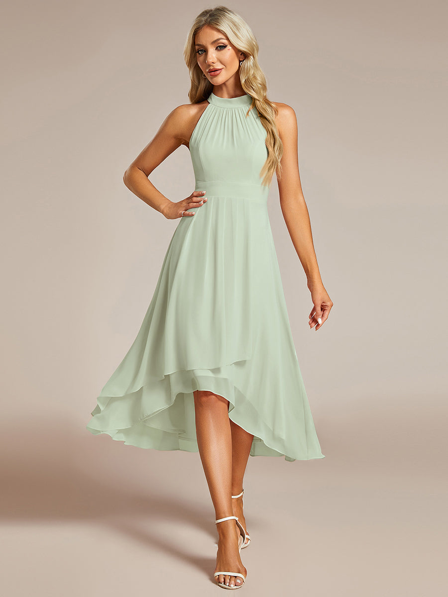 Custom Size Midi A Line Sleeveless Halter Neck Wedding Guest Dress in Chiffon #color_Mint Green