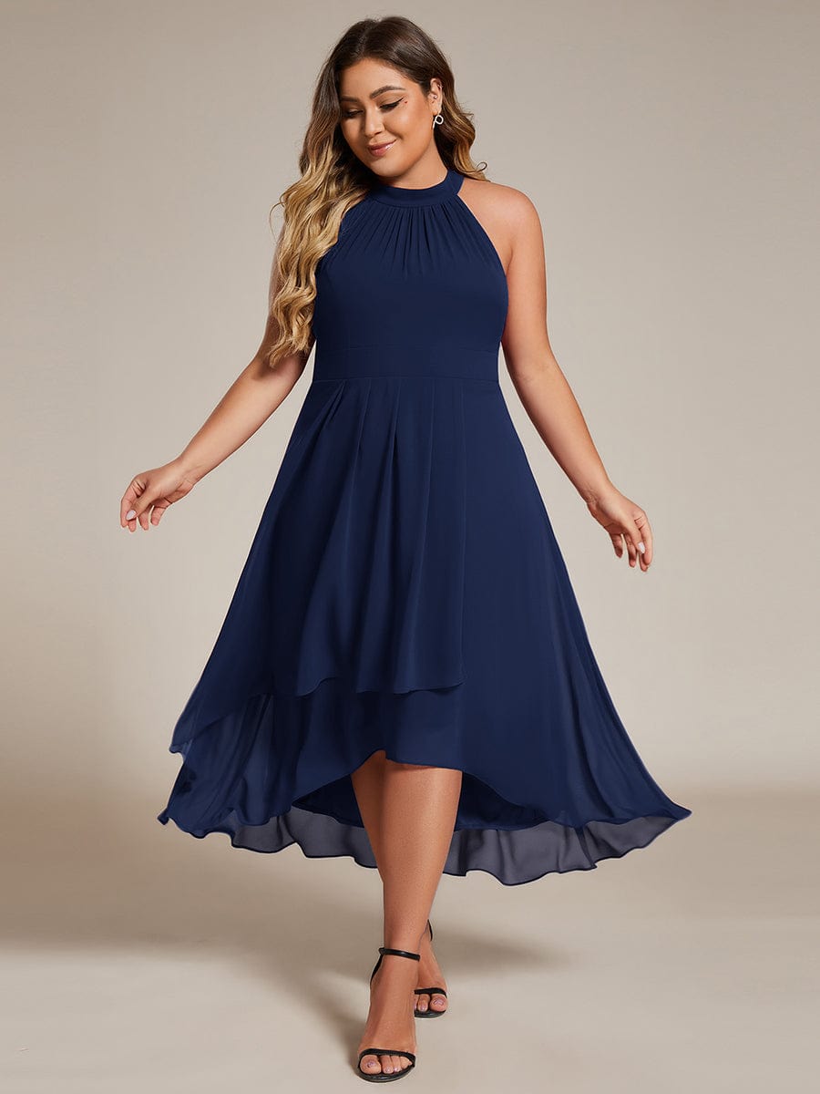 Midi A Line Sleeveless Halter Neck Wedding Guest Dress in Chiffon #color_Navy Blue