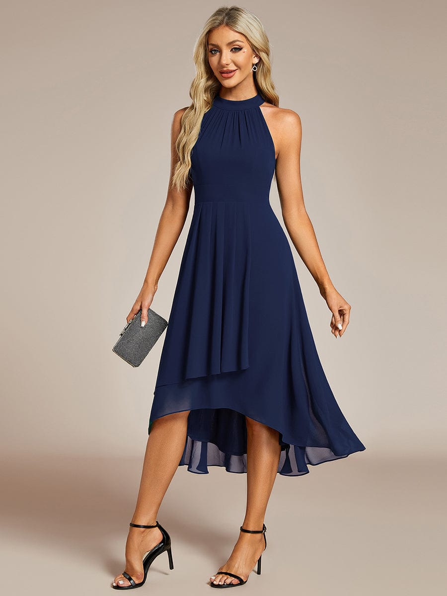 Midi A Line Sleeveless Halter Neck Wedding Guest Dress in Chiffon #color_Navy Blue