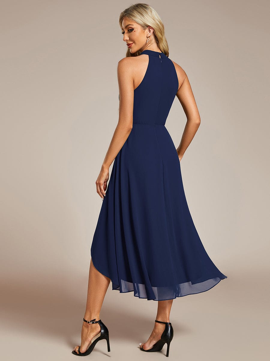 Midi A Line Sleeveless Halter Neck Wedding Guest Dress in Chiffon #color_Navy Blue