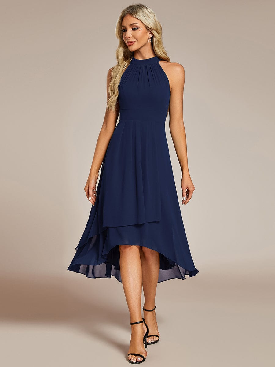 Midi A Line Sleeveless Halter Neck Wedding Guest Dress in Chiffon #color_Navy Blue