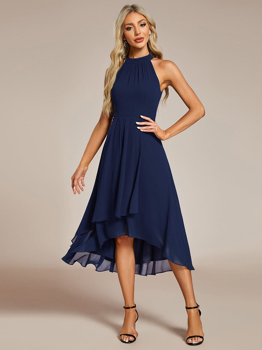 Midi A Line Sleeveless Halter Neck Wedding Guest Dress in Chiffon #color_Navy Blue