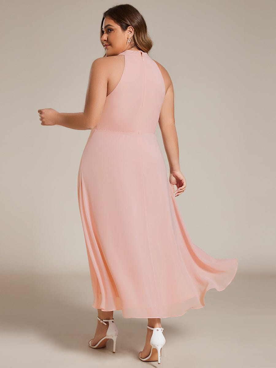 Midi A Line Sleeveless Halter Neck Wedding Guest Dress in Chiffon #color_Pink