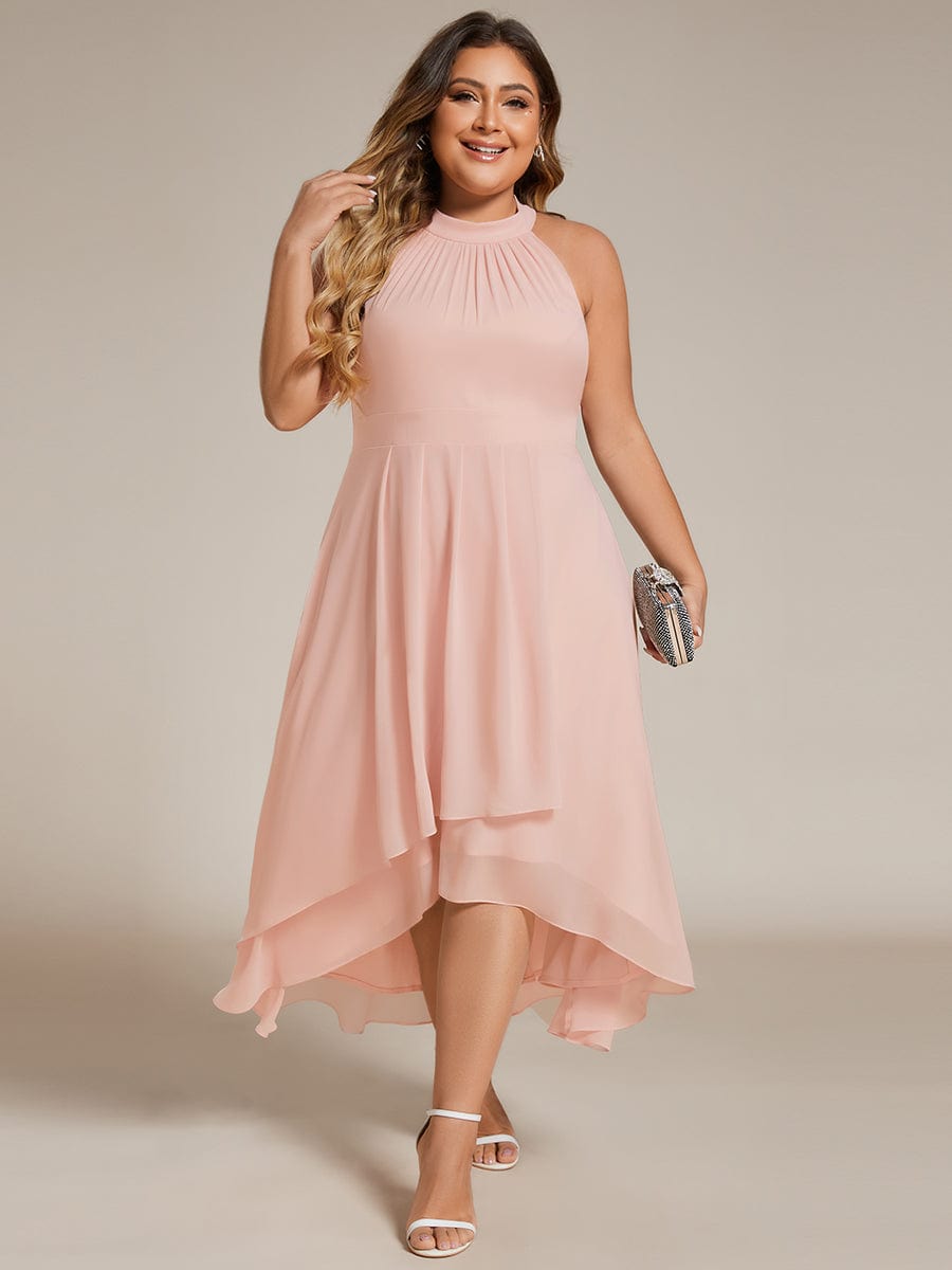 Midi A Line Sleeveless Halter Neck Wedding Guest Dress in Chiffon #color_Pink