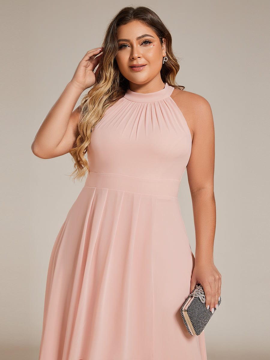 Midi A Line Sleeveless Halter Neck Wedding Guest Dress in Chiffon #color_Pink