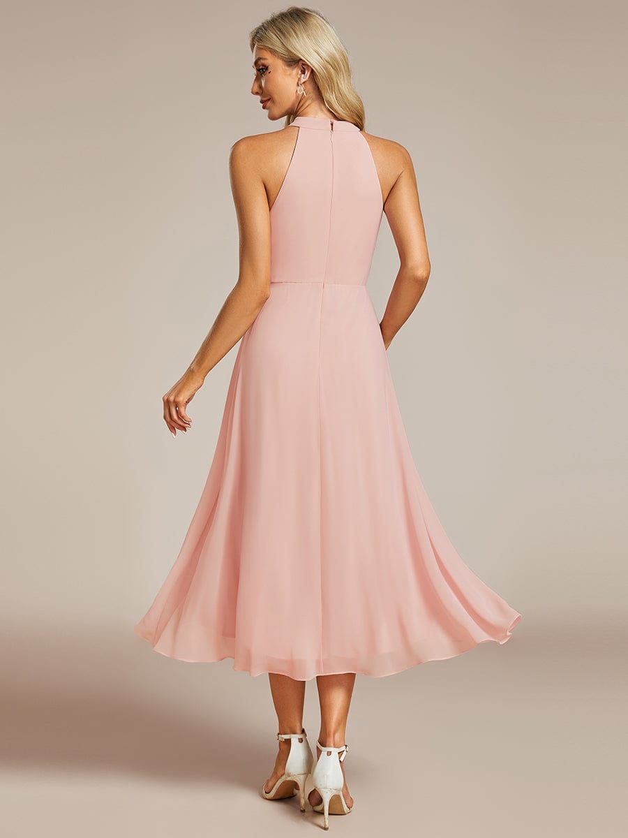 Midi A Line Sleeveless Halter Neck Dress in Chiffon In Pink #color_Pink