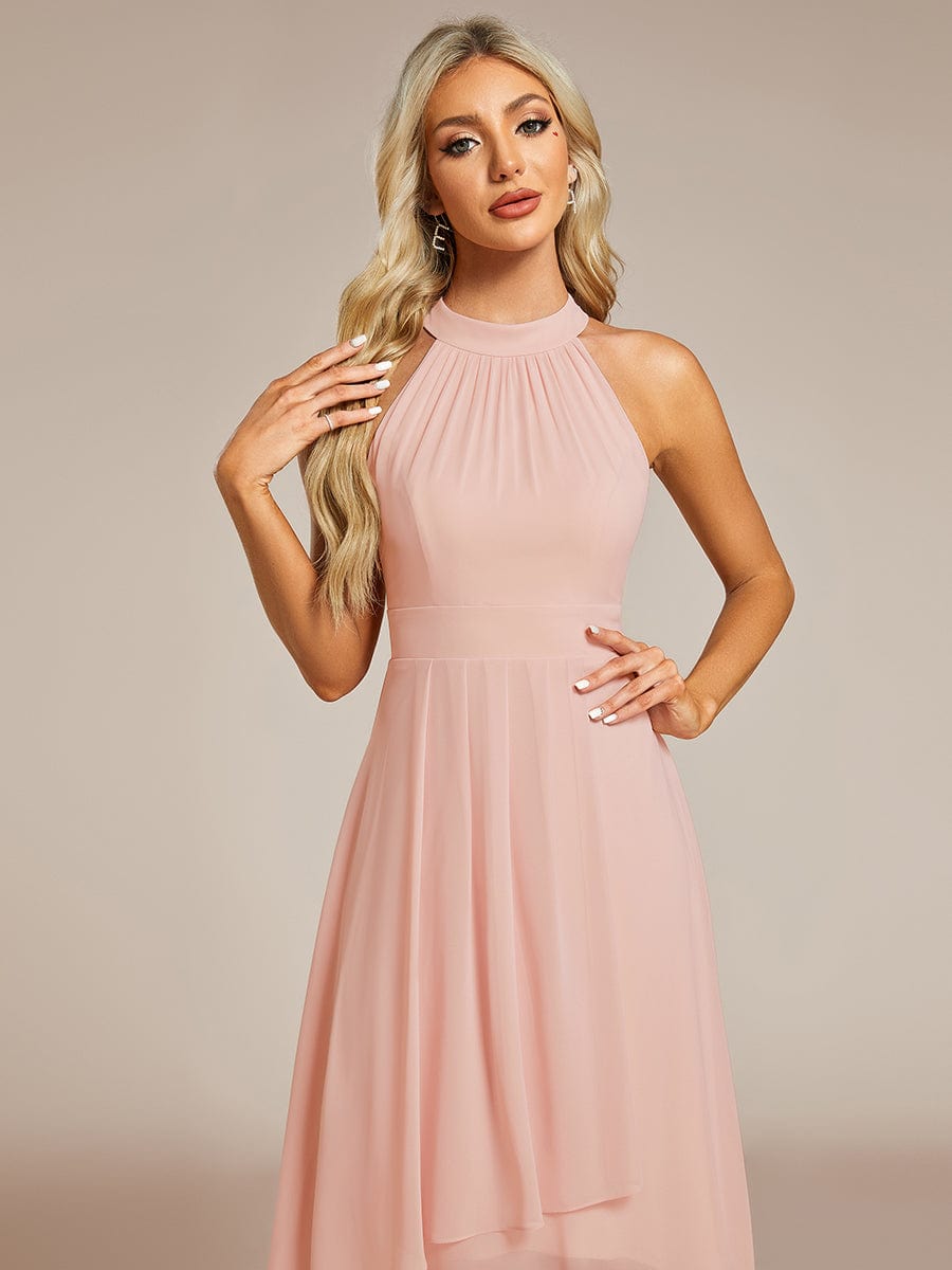 Midi A Line Sleeveless Halter Neck Wedding Guest Dress in Chiffon #color_Pink