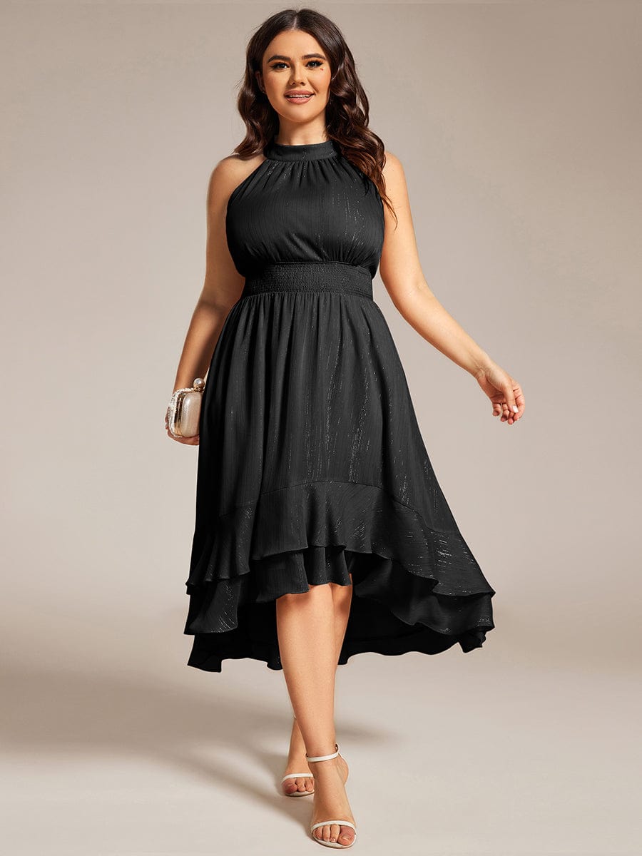 Shimmering Halter Neck Pleated High-Low Ruffle Wedding Guest Dress #color_Black