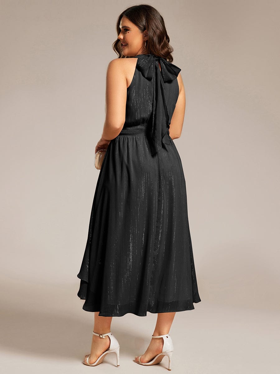 Shimmering Halter Neck Pleated High-Low Ruffle Wedding Guest Dress #color_Black