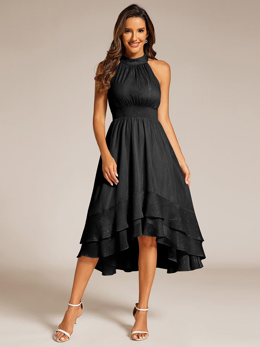 Shimmering Halter Neck Pleated High-Low Ruffle Wedding Guest Dress #color_Black