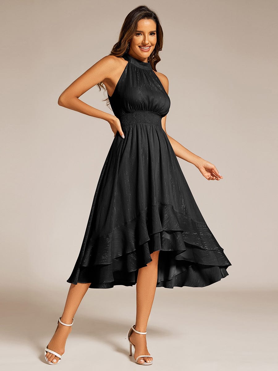 Shimmering Halter Neck Pleated High-Low Ruffle Wedding Guest Dress #color_Black