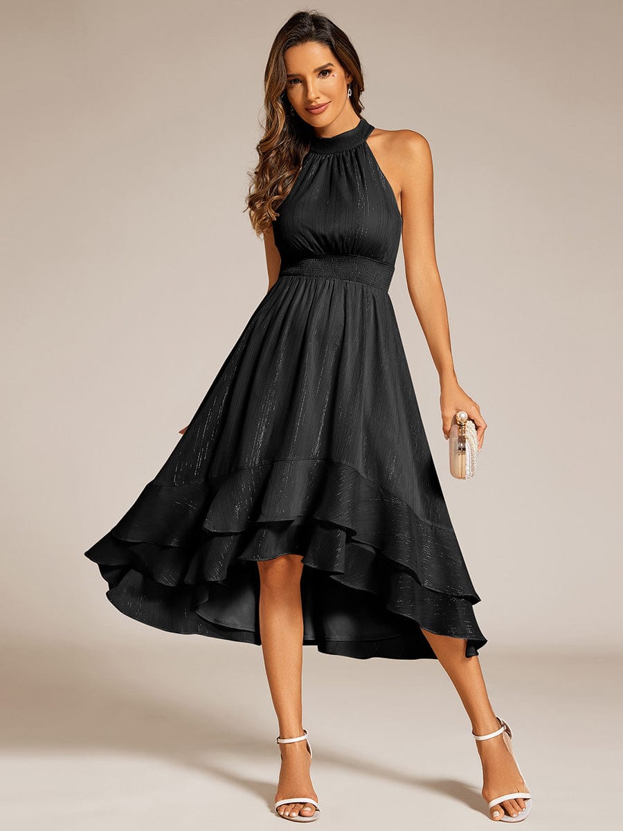 Shimmering Halter Neck Pleated High-Low Ruffle Wedding Guest Dress #color_Black