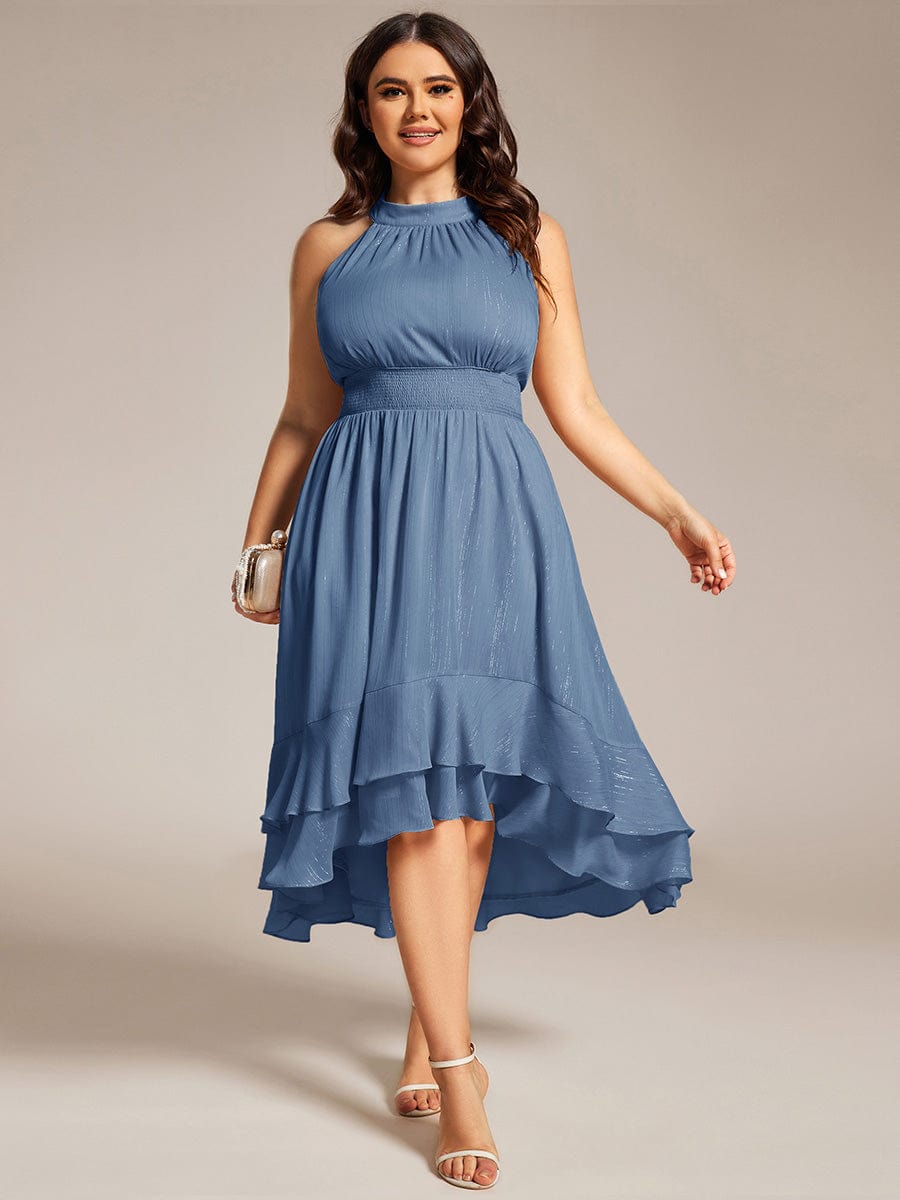 Shimmering Halter Neck Pleated High-Low Ruffle Wedding Guest Dress #color_Dusty Blue