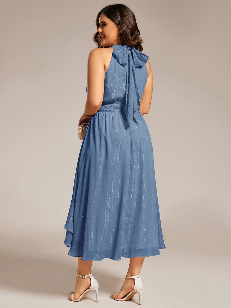 Shimmering Halter Neck Pleated High-Low Ruffle Wedding Guest Dress #color_Dusty Navy