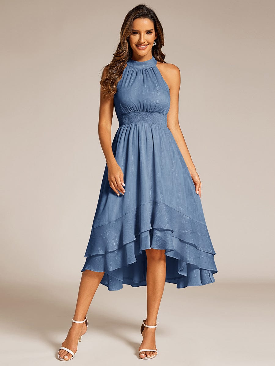 Shimmering Halter Neck Pleated High-Low Ruffle Wedding Guest Dress #color_Dusty Navy