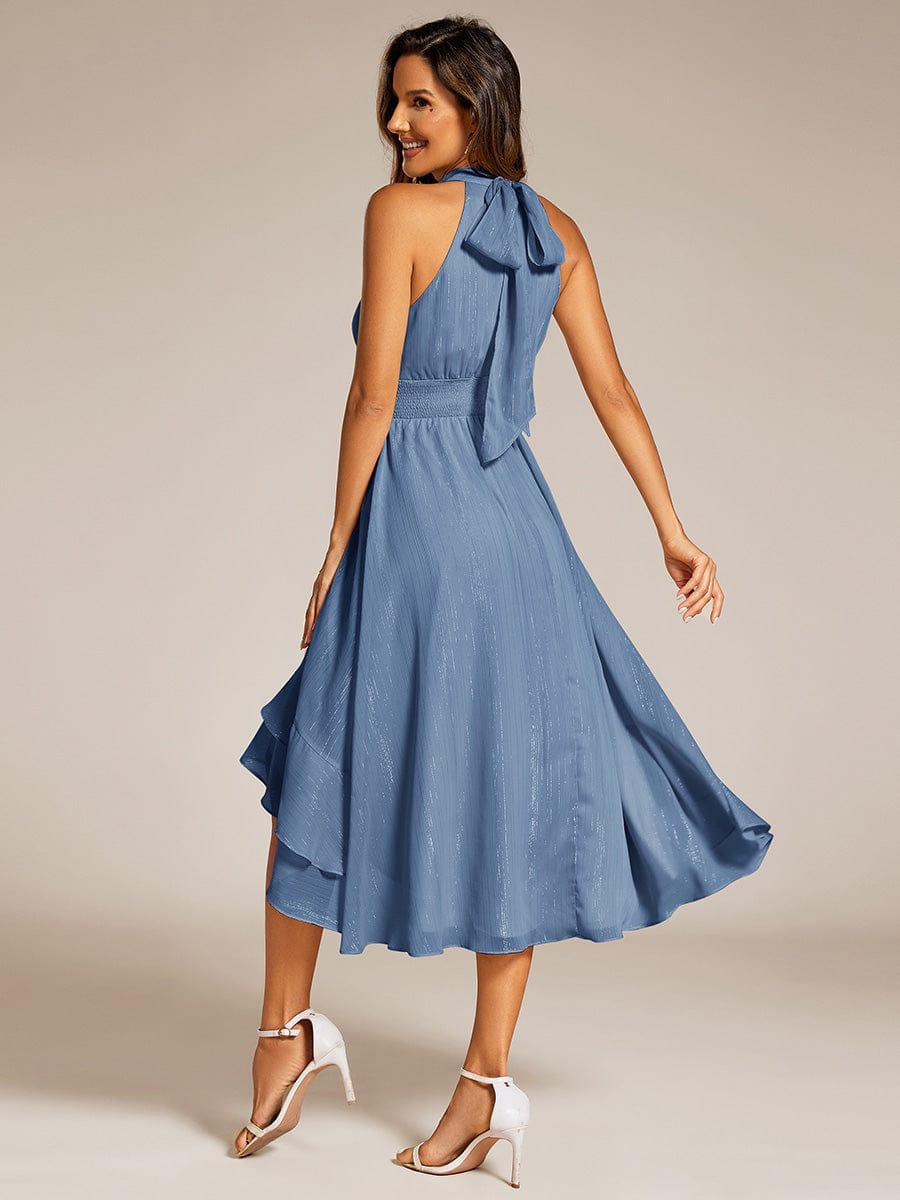 Shimmering Halter Neck Pleated High-Low Ruffle Wedding Guest Dress #color_Dusty Blue