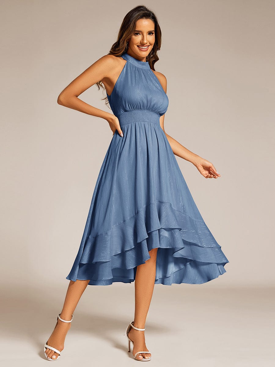 Shimmering Halter Neck Pleated High-Low Ruffle Wedding Guest Dress #color_Dusty Navy