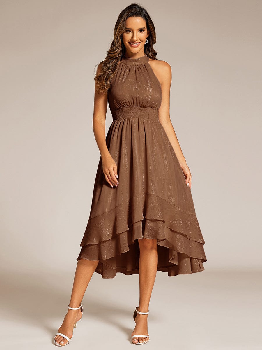 Custom Size Shimmering Halter Neck Pleated High-Low Ruffle Wedding Guest Dress #color_Emperador