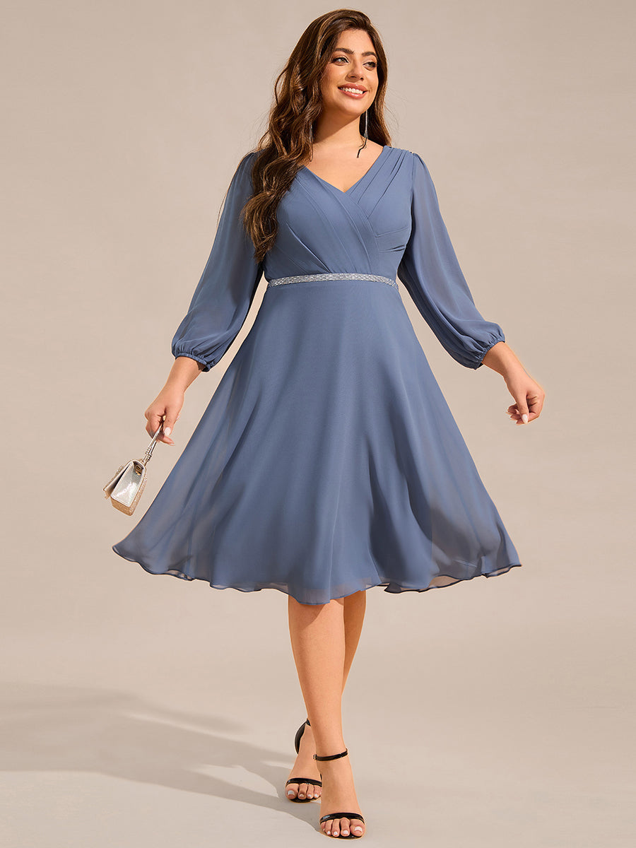 V-neck Long Sleeve Pleated Chiffon Midi Wedding Guest Dress #color_Dusty Navy