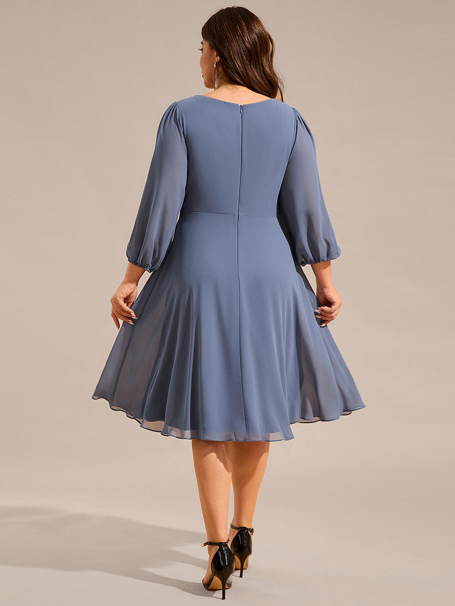 V-neck Long Sleeve Pleated Chiffon Midi Wedding Guest Dress #color_Dusty Navy