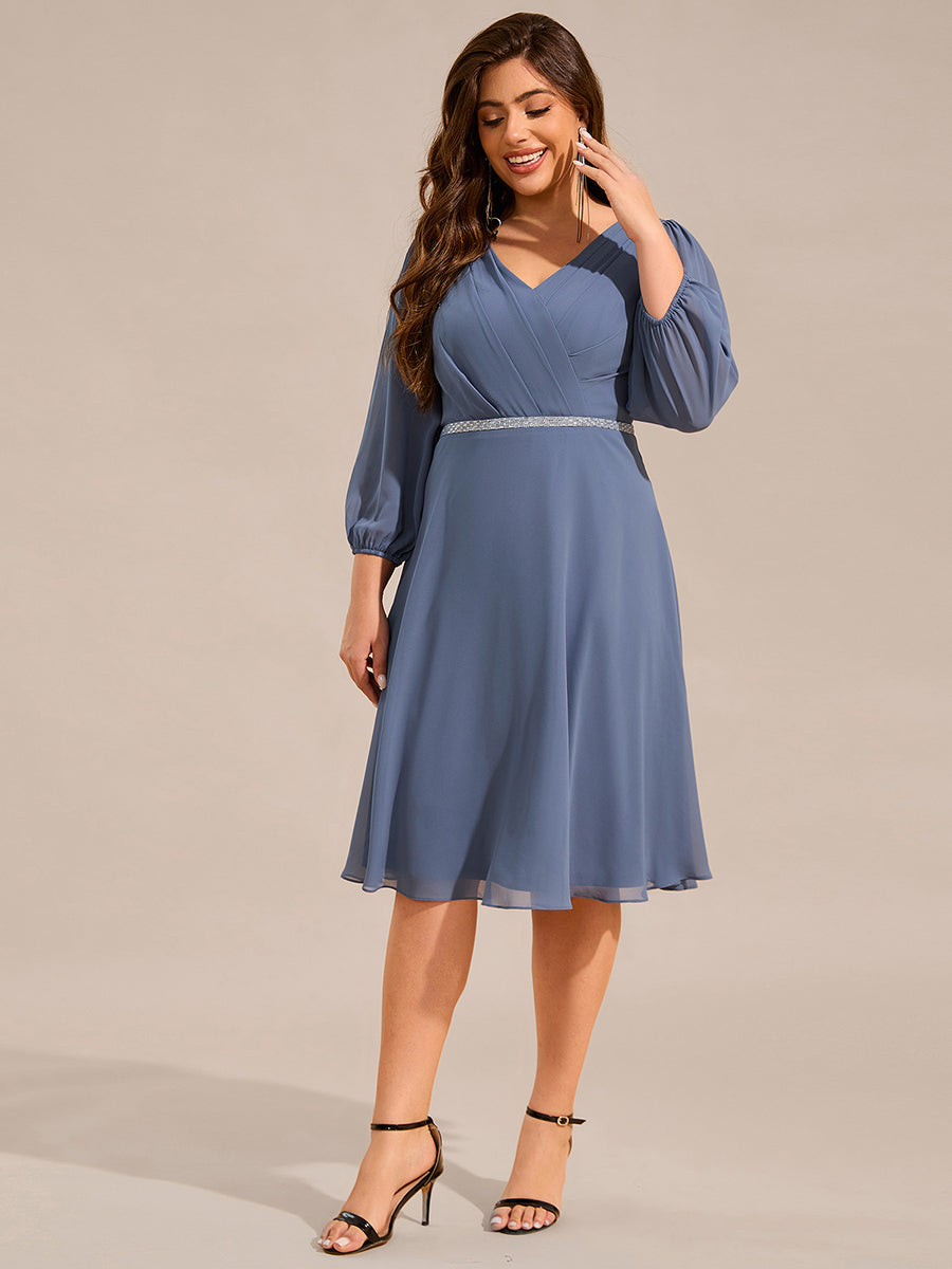 V-neck Long Sleeve Pleated Chiffon Midi Wedding Guest Dress #color_Dusty Blue