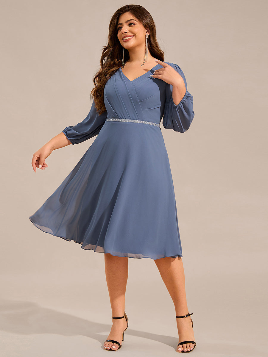 V-neck Long Sleeve Pleated Chiffon Midi Wedding Guest Dress #color_Dusty Navy