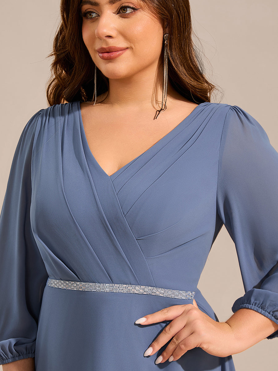 V-neck Long Sleeve Pleated Chiffon Midi Wedding Guest Dress #color_Dusty Blue