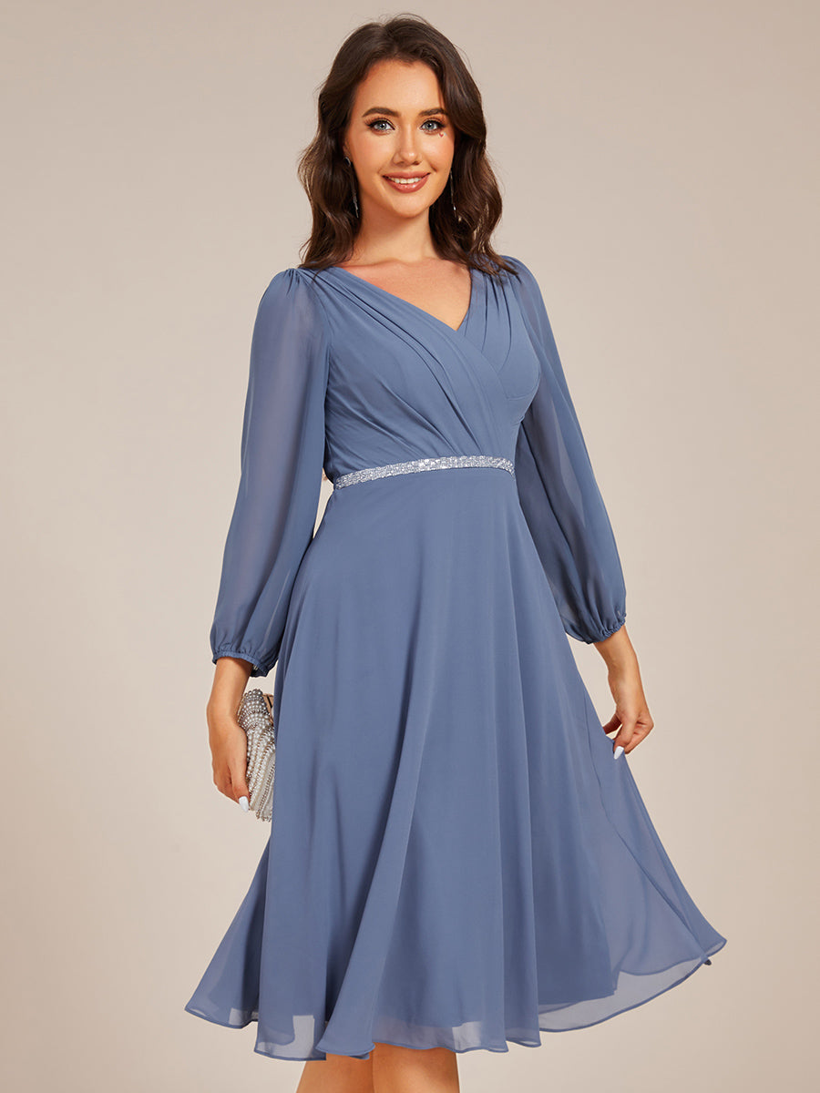 V-neck Long Sleeve Pleated Chiffon Midi Wedding Guest Dress #color_Dusty Navy